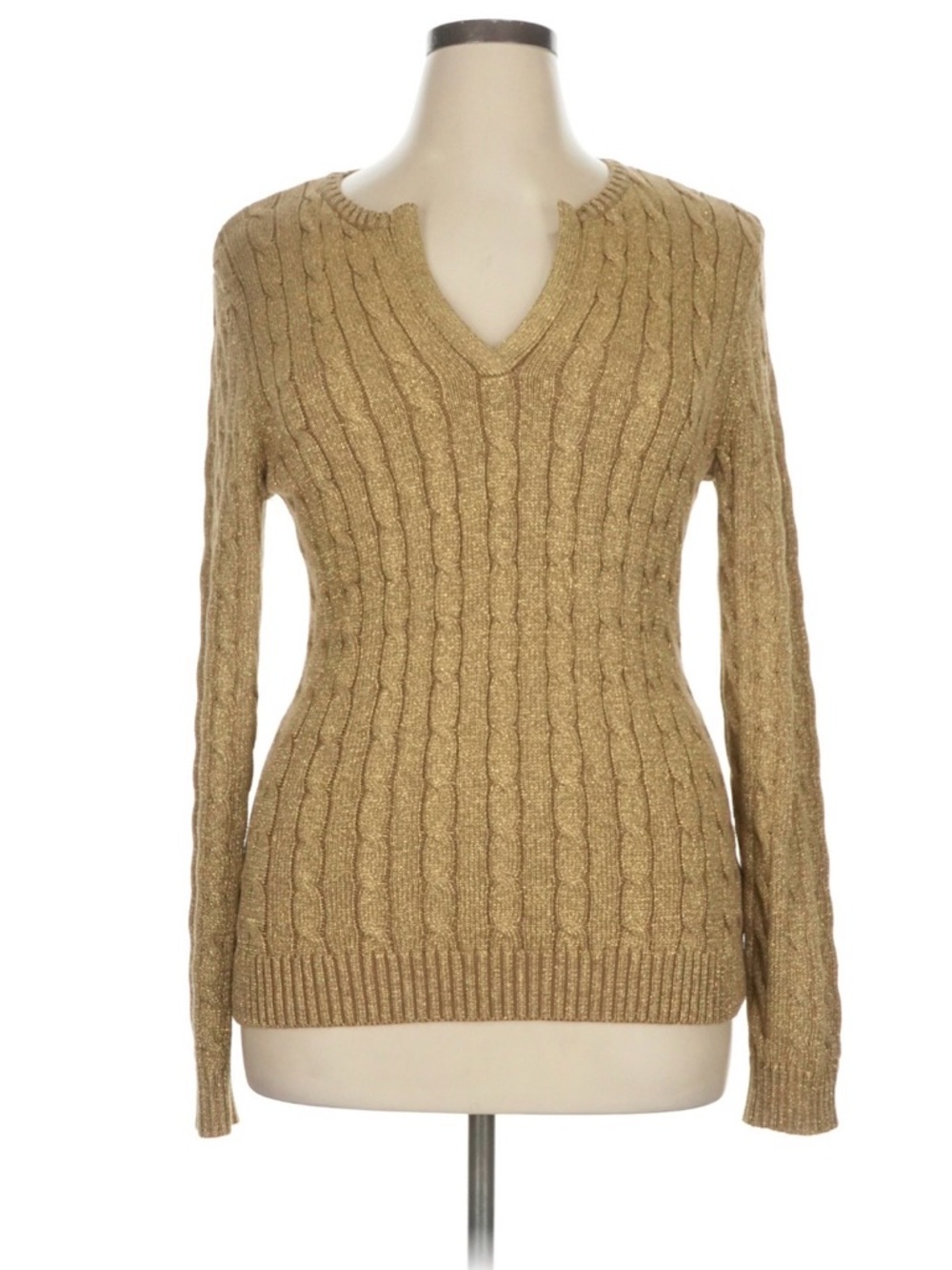 Lauren Ralph Lauren Metallic Cable Knit V-Neck Sweater - Beige